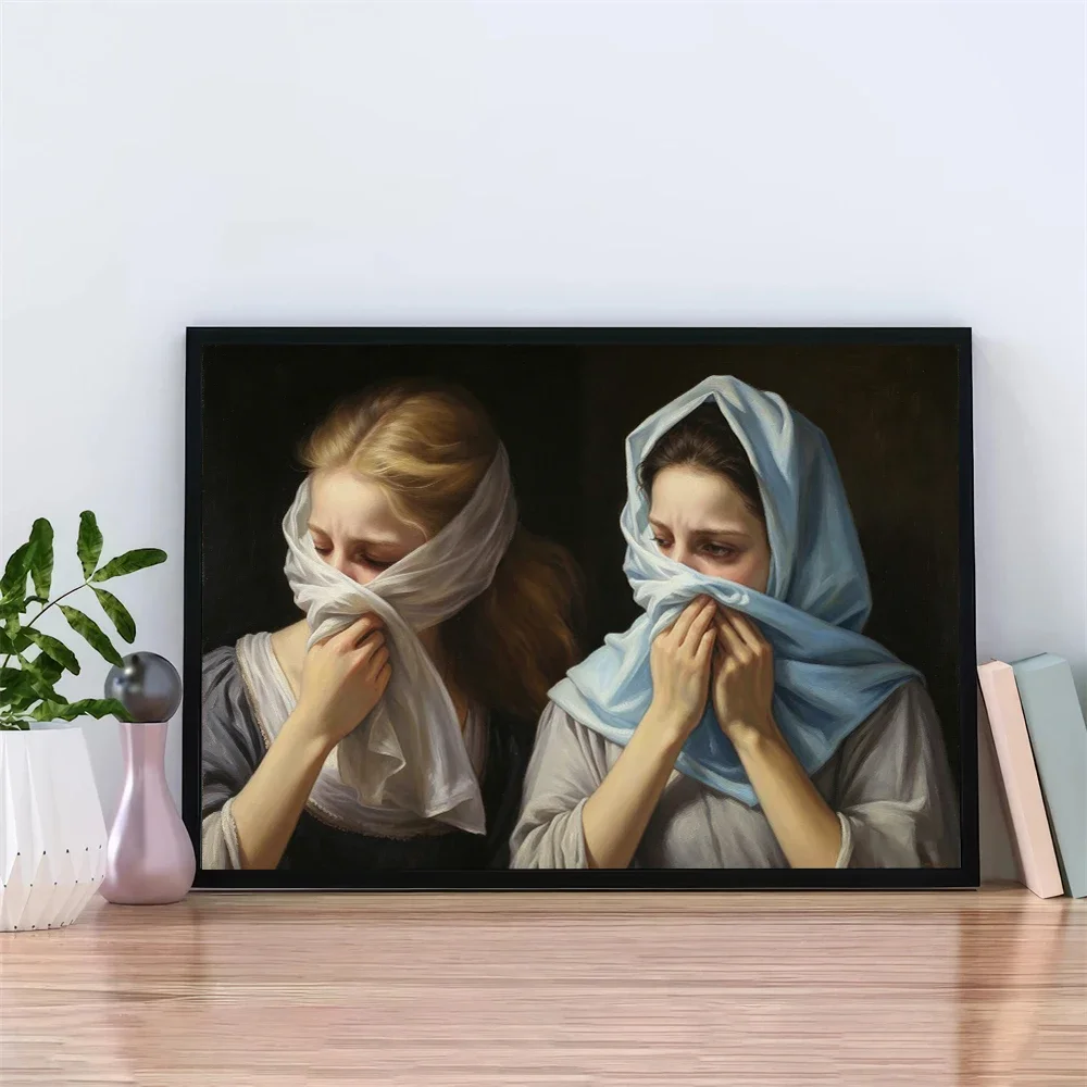 1pc frameless Canvas Painting Funny Renaissance Bathroom Wall Art Poster Retro Bathroom Decor Vintage Noble Lady Holding Toilet