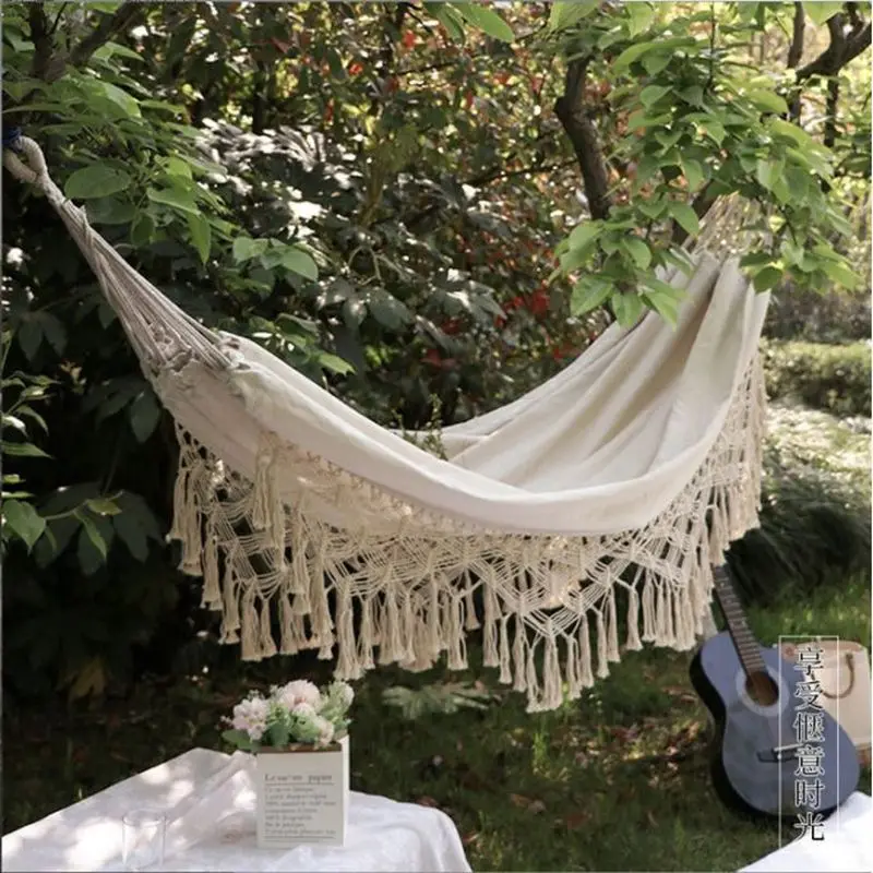 2 Person Portable Tassel Hammock with Curved Bar Outdoor Camping Indoor Leisure Swing for Backyard Garden Travel Hanging Bed