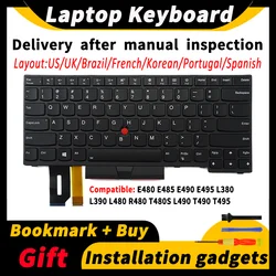 Teclado de substituição do portátil para lenovo thinkpad, e480, e485, e490, e495, l380, l390, l480, r480, t480s, l490, t490, t495, nós, br, fr, Reino Unido, pt, sp