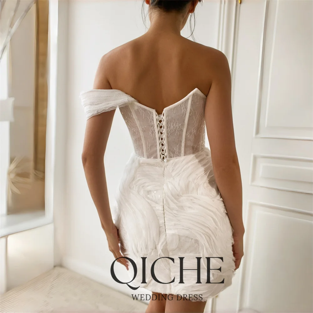 QICHE Classic Lace Short Sheath Wedding Dresses Women Off The Shoulder Pleat Open Back Bridal Gown Vestidos De Noiva Customized