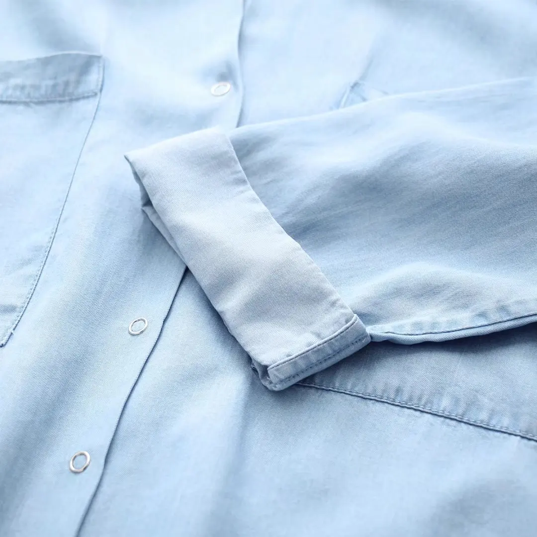 نصف كم الدنيم قمصان المرأة الصيف لينة الجينز لباس خارجي اثنين جيب بلوزات فضفاضة غير رسمية ثنى رقيقة معطف بلايز جديد T35442M #3