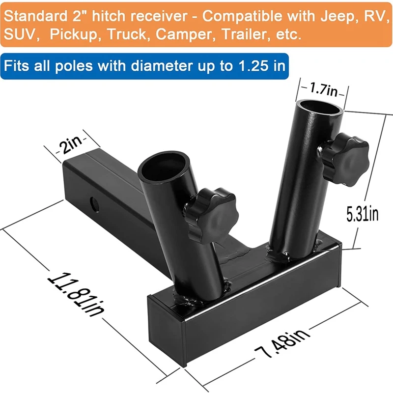 Universal Hitch Mount Dual Flag Pole Holder For Jeep SUV RV Pickup, 2 Inch Hitch Receivers With Anti-Wobble Screw