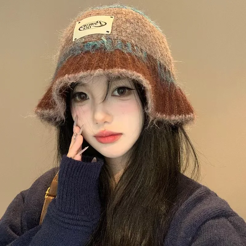 

Retro Striped Knitted Bucket Hats For Women Winter Thicken Warm Panama Bob Female Plush Fisherman Hats Lady Basin Caps Gorros