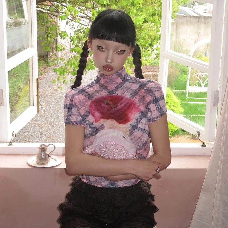 Karrram Japanese Y2k Apple Print T-shirt Trashy 2000s Pleated Short Sleeve T Shirts Vintage Harajuku Crop Top American Retro 90s