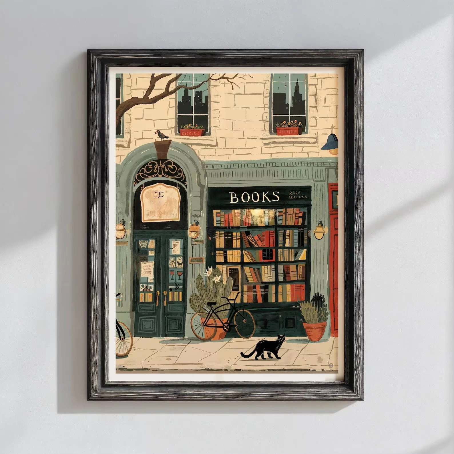Oil Painting By Number DIY Vintage Bookshop with Wandering Black Cat Wall Decor for Game Room or Living Room Gift Frameless