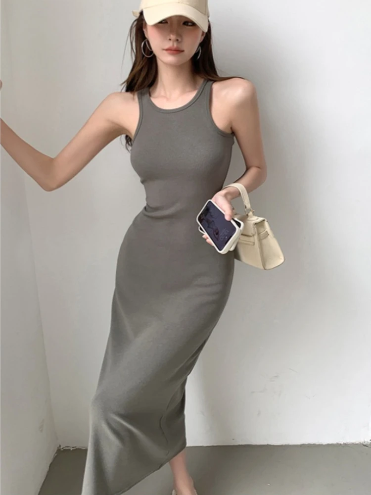 2026 Neues Ins Hot Girl Open-Back Sexy Bodycon Cami-Kleid Sommer Slim Fit Damen Midi-Kleider Einfarbig O-Ausschnitt Ärmellos