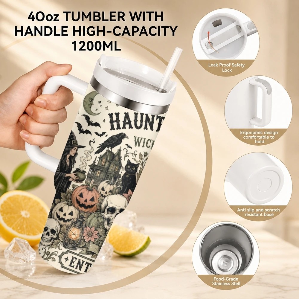 Spooky Halloween Vacuum Flasks 40oz Stainless Steel Travel Tumbler with Handle Straw Lid Double Wall Vacuum Insulated