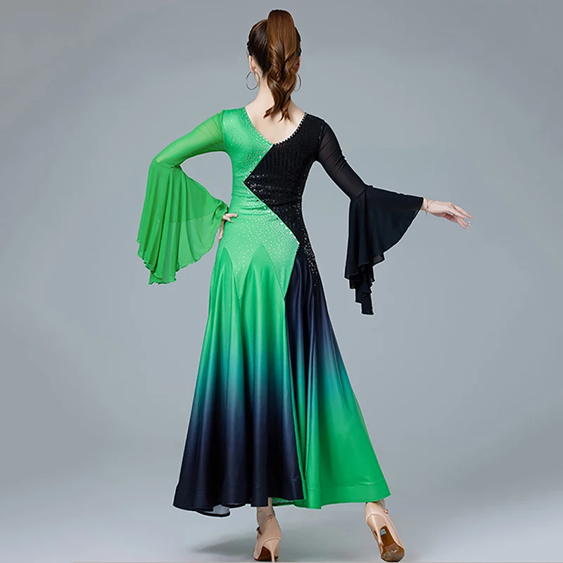 Women Modern dance dress for women long flare sleeve Gradient waltz ballroom Latin dancewear square dancing big swing dress