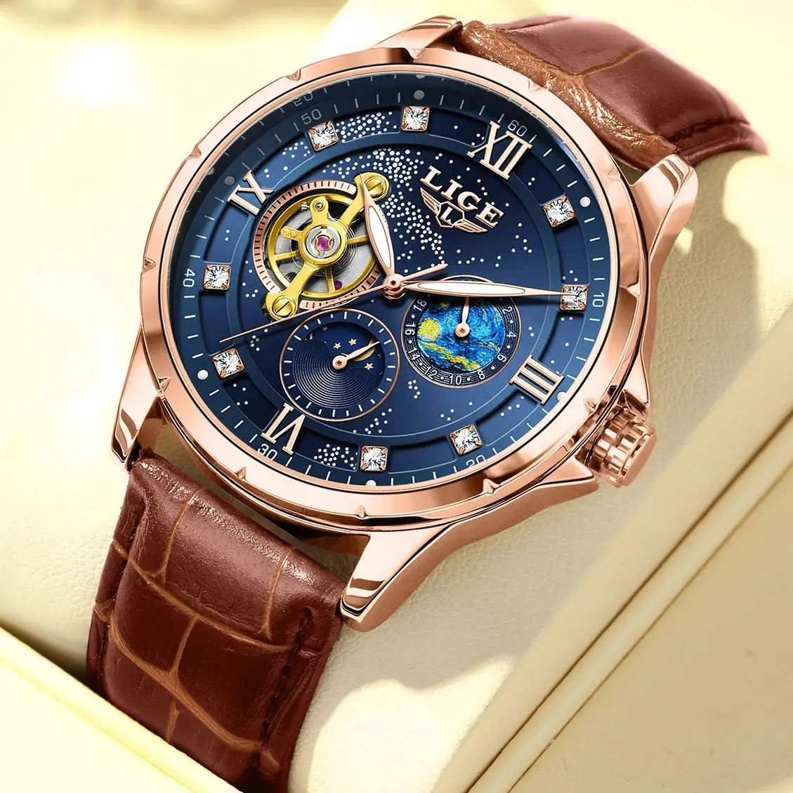 

LIGE 2026, мужские наручные часы, роскошные повседневные модные деловые водонепроницаемые светящиеся часы, механические спортивные часы с фазой луны для мужчин