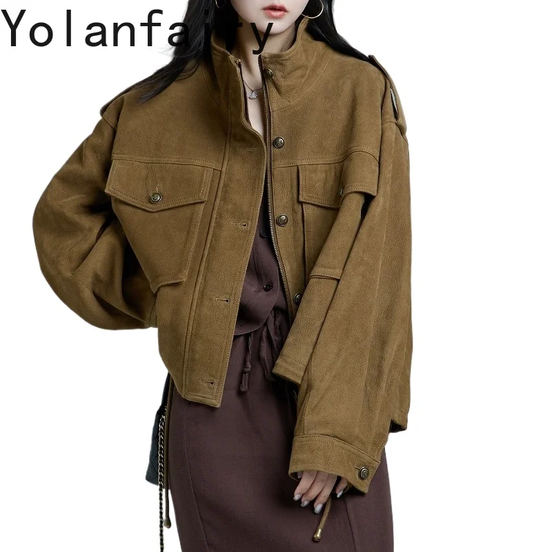 YOLANFAIRY High-end Women Genuine Goat Full Grain Napped Leather Jacket Real Sheepskin Coat Short Stand Collar Casual Outerwear