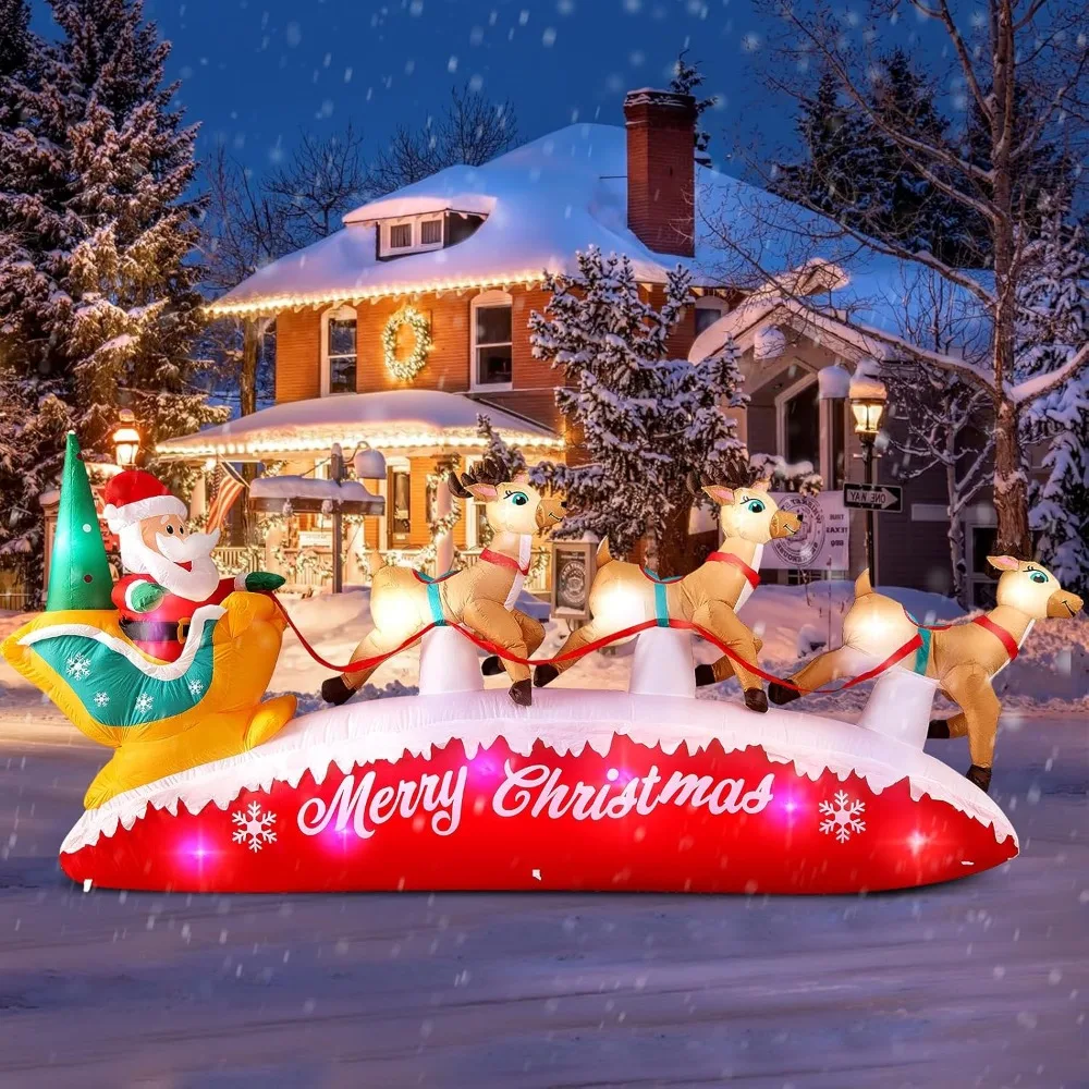 10FT Long Christmas Inflatables Santa Claus with Reindeer Sleigh Outdoor Decorations, Build-in Rotating Colorful LEDs Sa