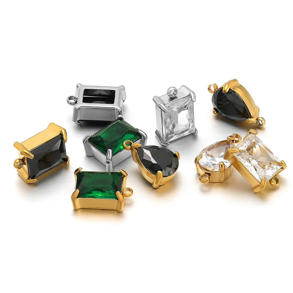 5Pcs Stainless Steel Black Green Zircon Pendants Transparent Crystal Charms for DIY Delicate Necklace Jewelry Making Wholesale view 4