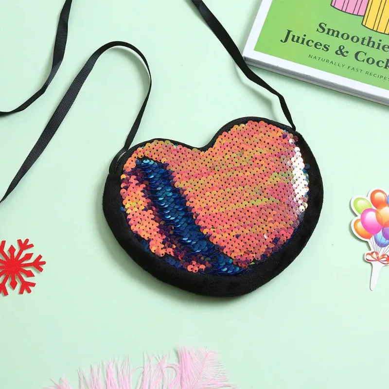 Bolso de dibujos animados para niños, novedad de 2024, bolso de hombro tipo bandolera con amor para niña, monedero fresco y dulce con lentejuelas divertidas en forma de corazón DIY