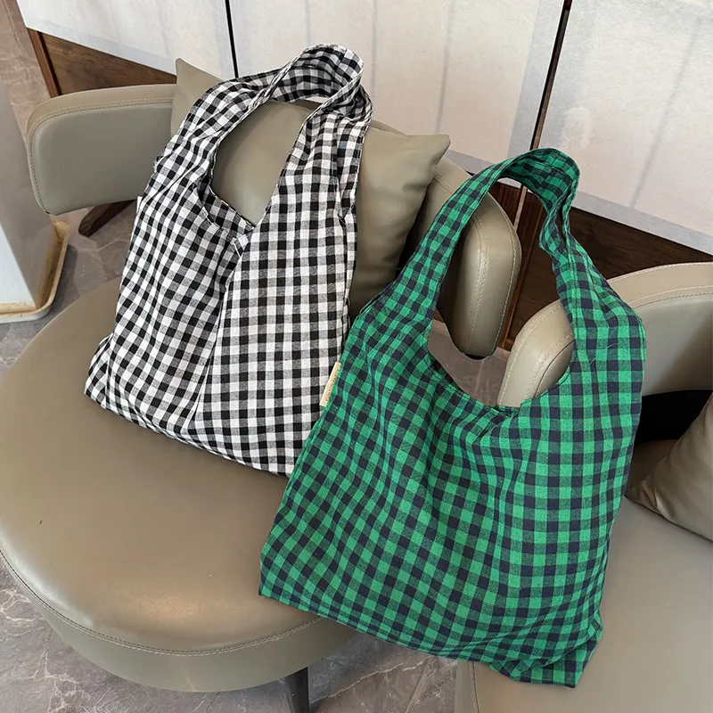 Vintage Plaid Damen Weste Umhängetaschen große Kapazität weibliche wieder verwendbare Einkaufstasche Baumwoll tuch Schulmädchen Buch Einkaufstaschen – Detail 10