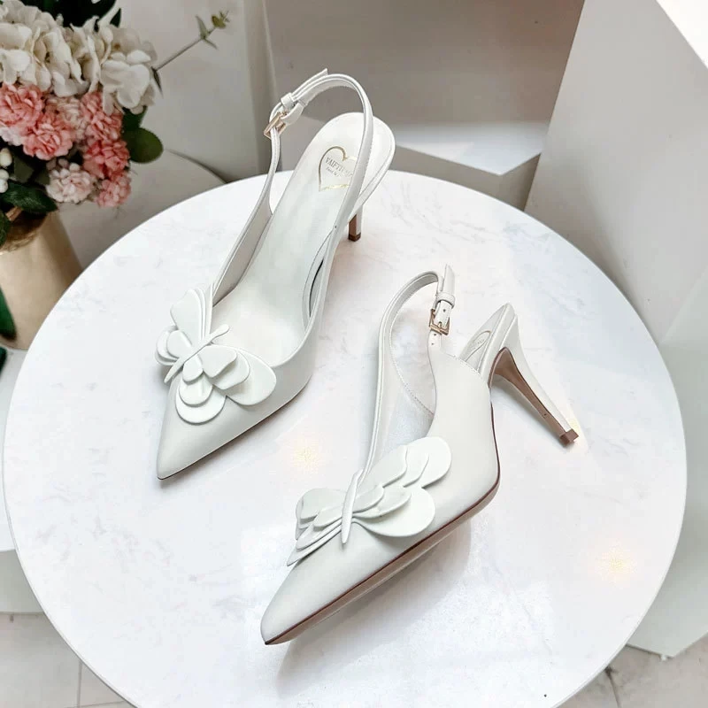 2025 Spring/Summer New High end Butterfly Decorative Pointed Shoes with Empty Lace at the Back, Elegant Stiletto Heels, Sandals