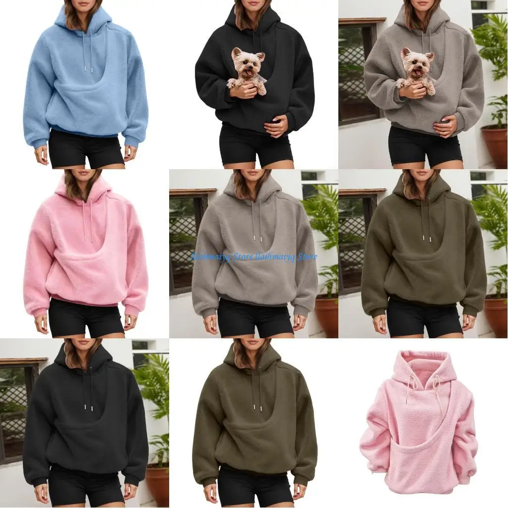 

573B Women Long Sleeve Fleece Sweatshirt Pet Carriers Large Pocket Hoodie Top for Dog