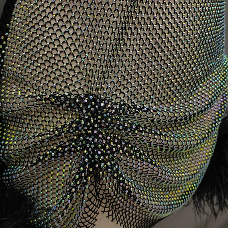 Imagem -05 - Gola Redonda Punhos de Penas Mangas Compridas Cristal Strass Malha Diamante Avestruz Pena Perspectiva Bling Vestido