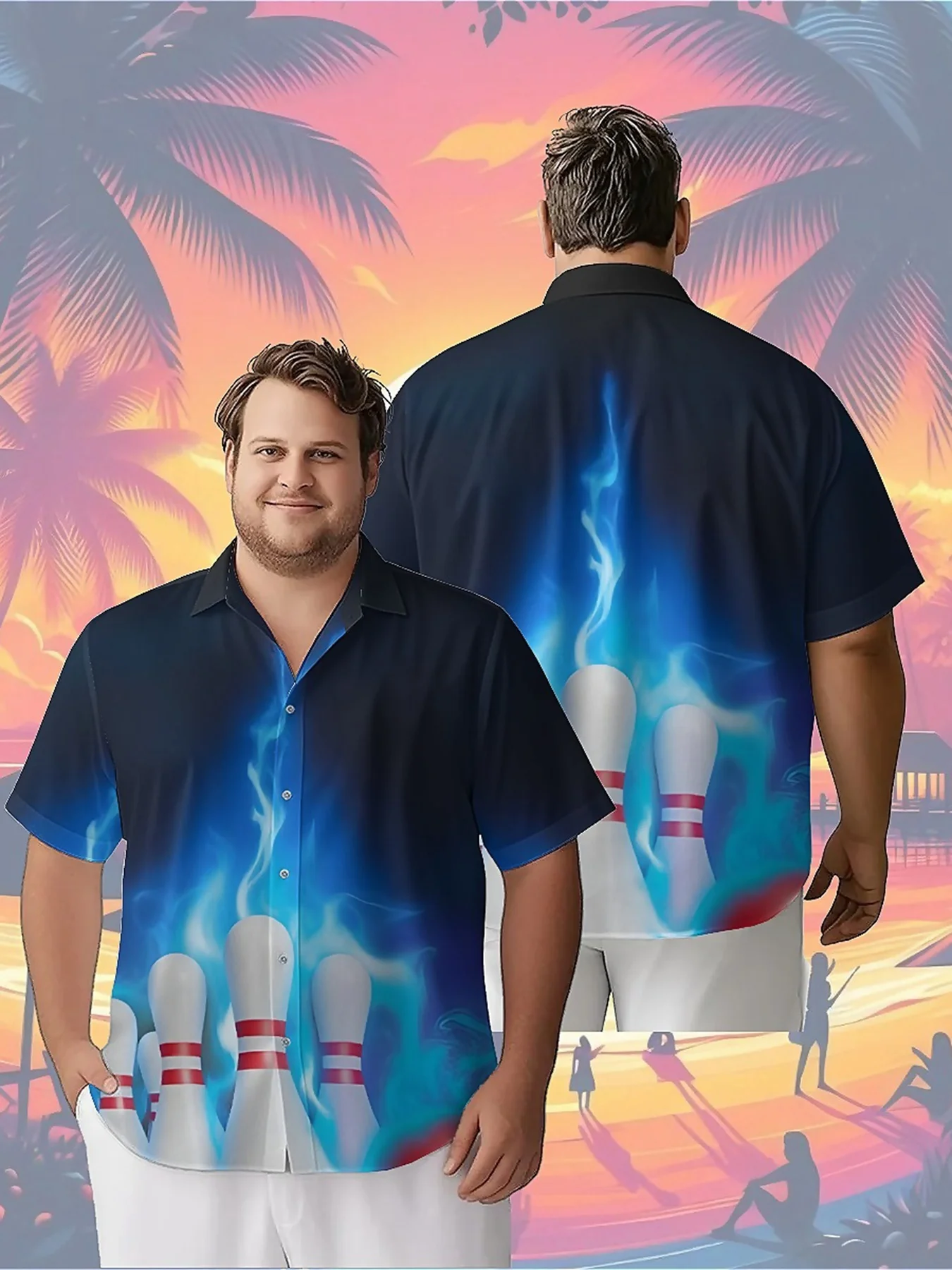 

Men's Plus Size Hawaiian Shirts Cool Flames and Bowling Pattern, Unisex Aloha Shirts,New in Summer Tops Tee,streetwear