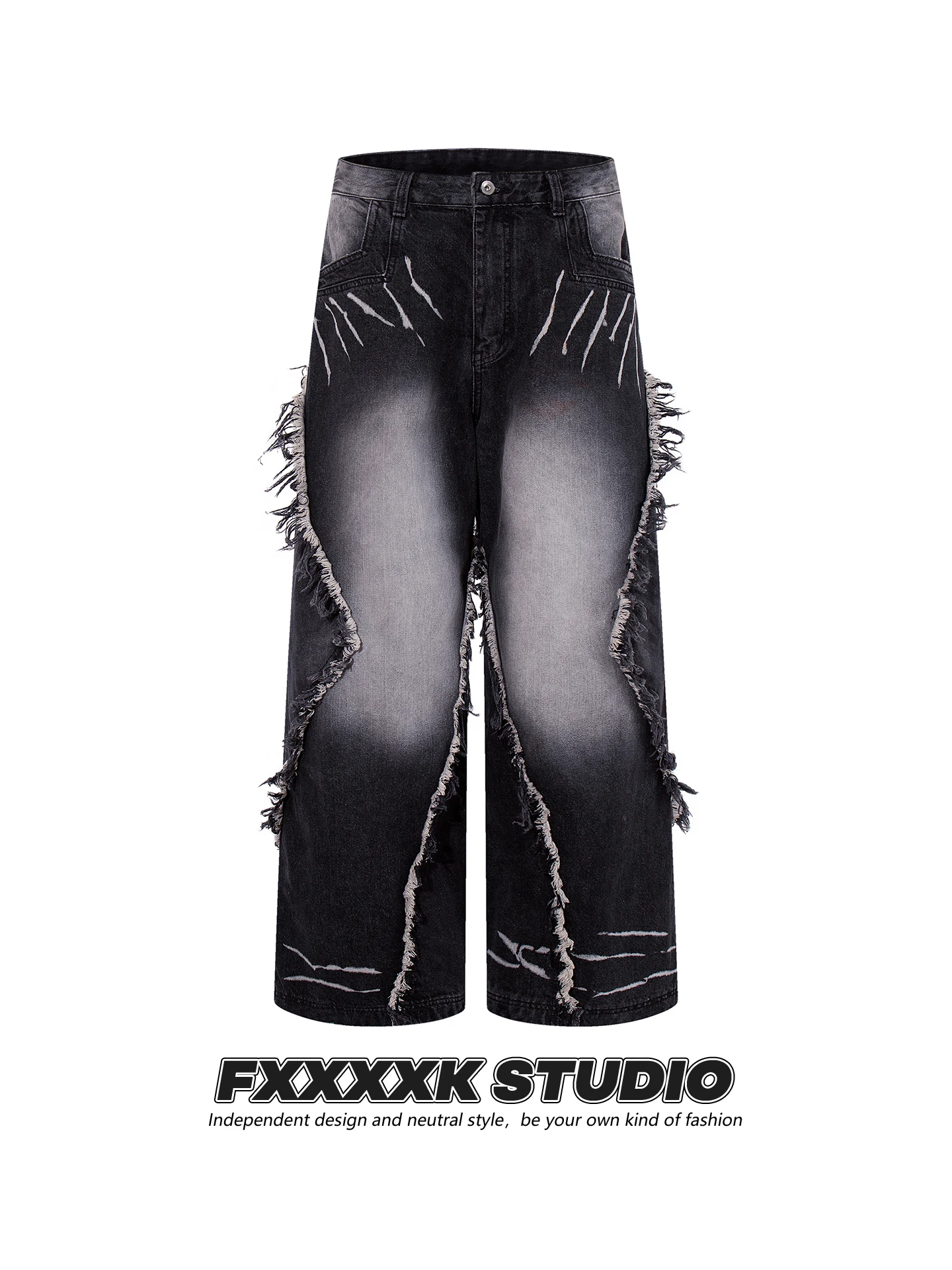 

FXK Original Men's And Women's Wide Leg Straight Cut Jeans Tied Dye Distred Design Trendy Frayed Cotton Blend All Seasons