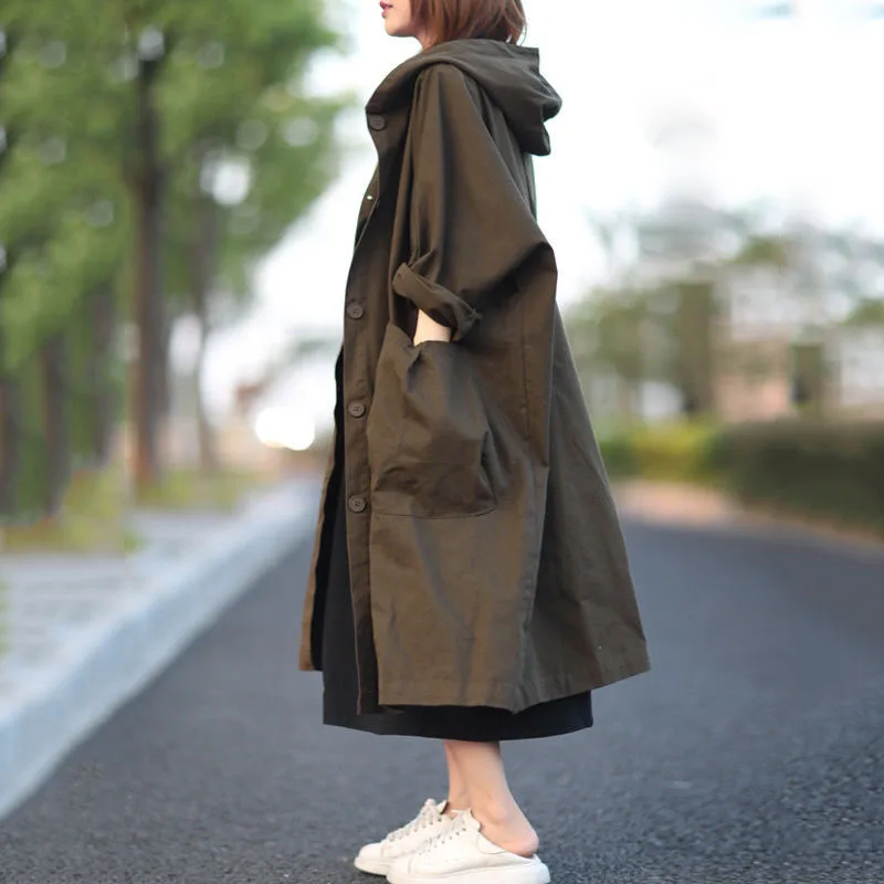 Hooded Trench Coat Women\'s Autumn Loose Pocket Minimalism Comfortable Long Coat Casual Harajuku Solid Color Street Fashion