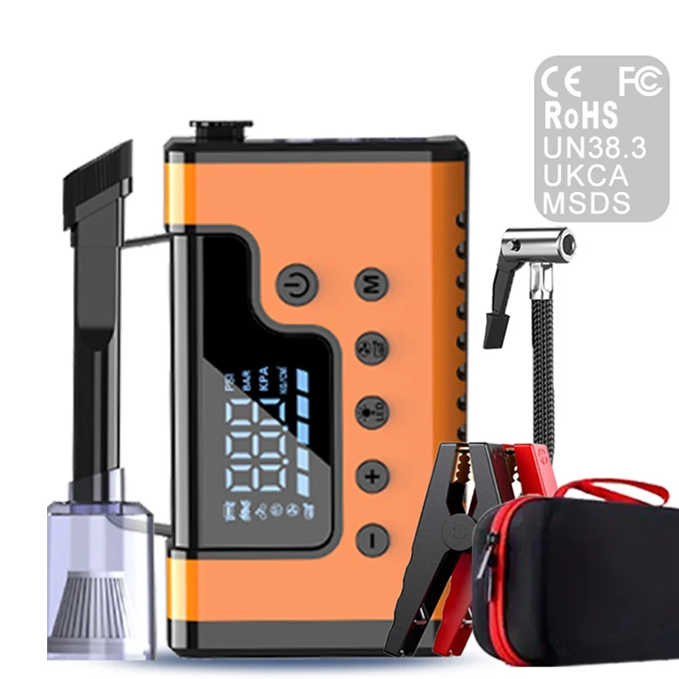 Arrancador de batería portátil para automóvil: central eléctrica de emergencia 5 en 1 con bomba de aire/aspiradora/flor (arranque de salto y inflado de neumáticos)