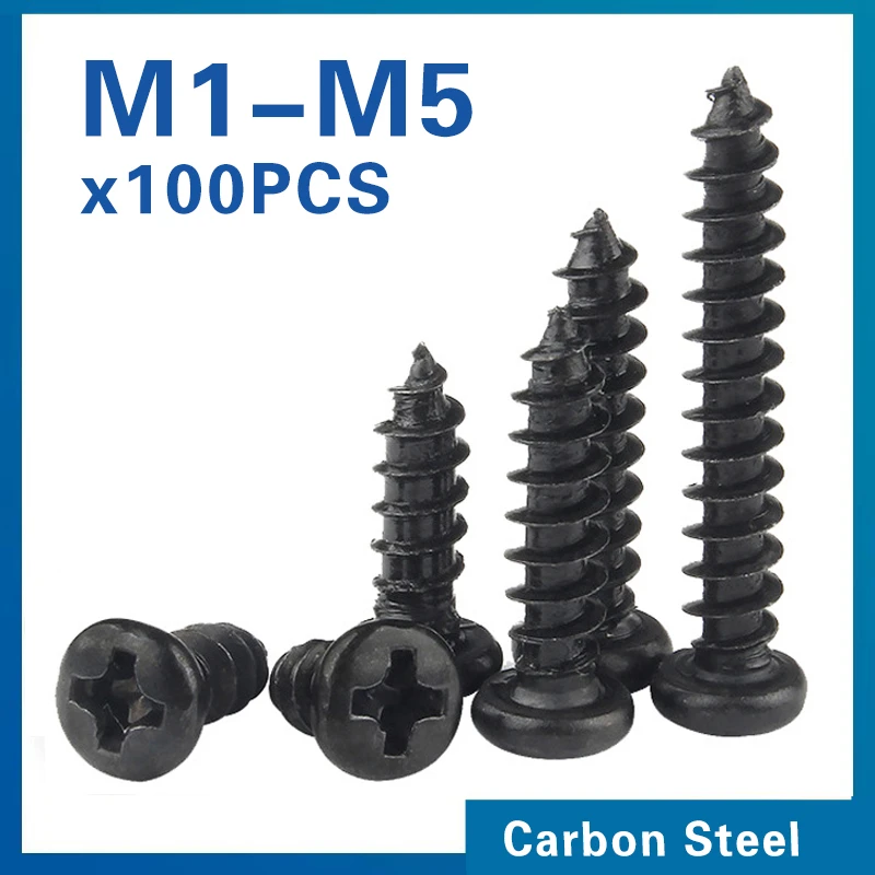100 Pcs/lot Cross Round Head Phillips Self-tapping Screw M1 M1.2 M1.4 M1.5 M1.7 M2 M2.3 M2.6 M3 M3.5 M4 M5 Black Carbon Steel