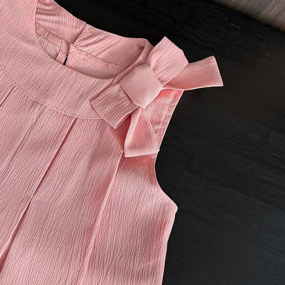 Bear Leader Sweet Pink Girls Clothes Summer Sleeveless Bow Decoration Pleated Vest+Shorts 2Pcst Olid Color Casual Children\'s Set