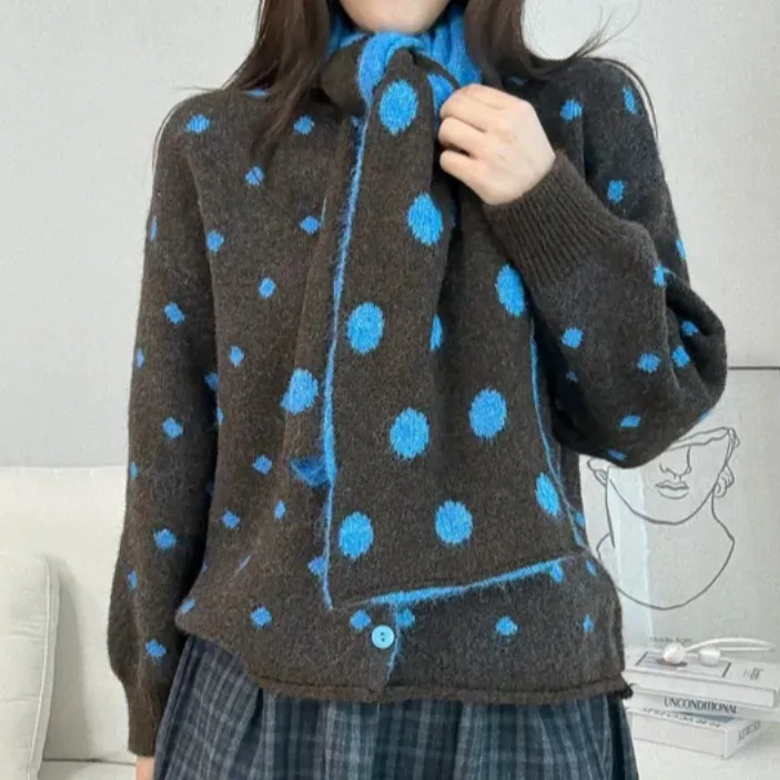 

Шикарный осенне-зимний цветной вязаный длинный свитер в горошек для женщин, винтажный многослойный открытый кардиган, повседневный кардиган