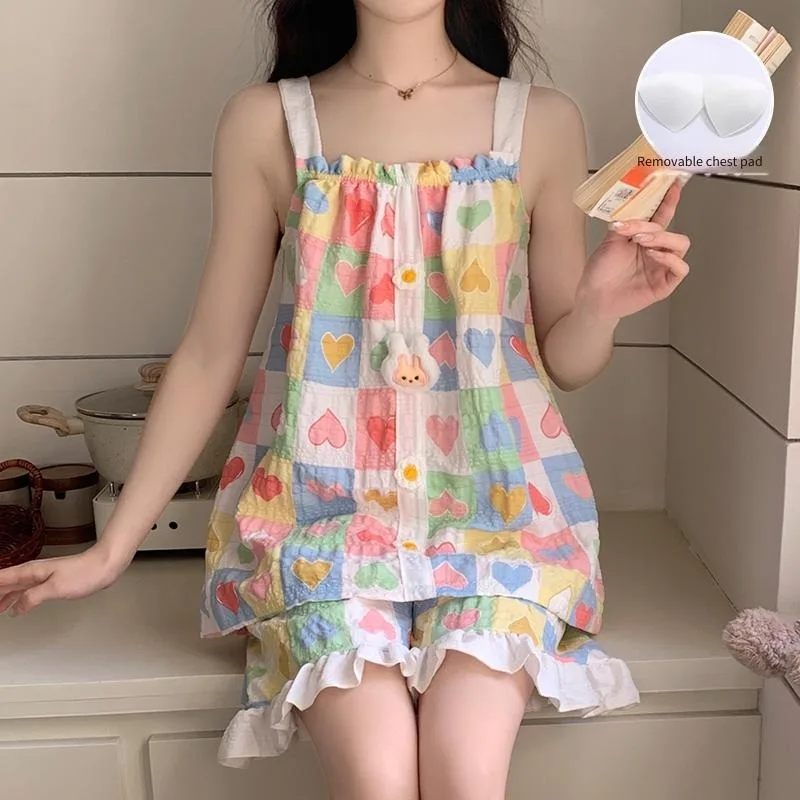 Women’s 2 Piece Camisole Pajamas Set Heart Print Summer New Shorts Loungewear Homewear With Chest Pad Kawaii Y2K Casual Homewear