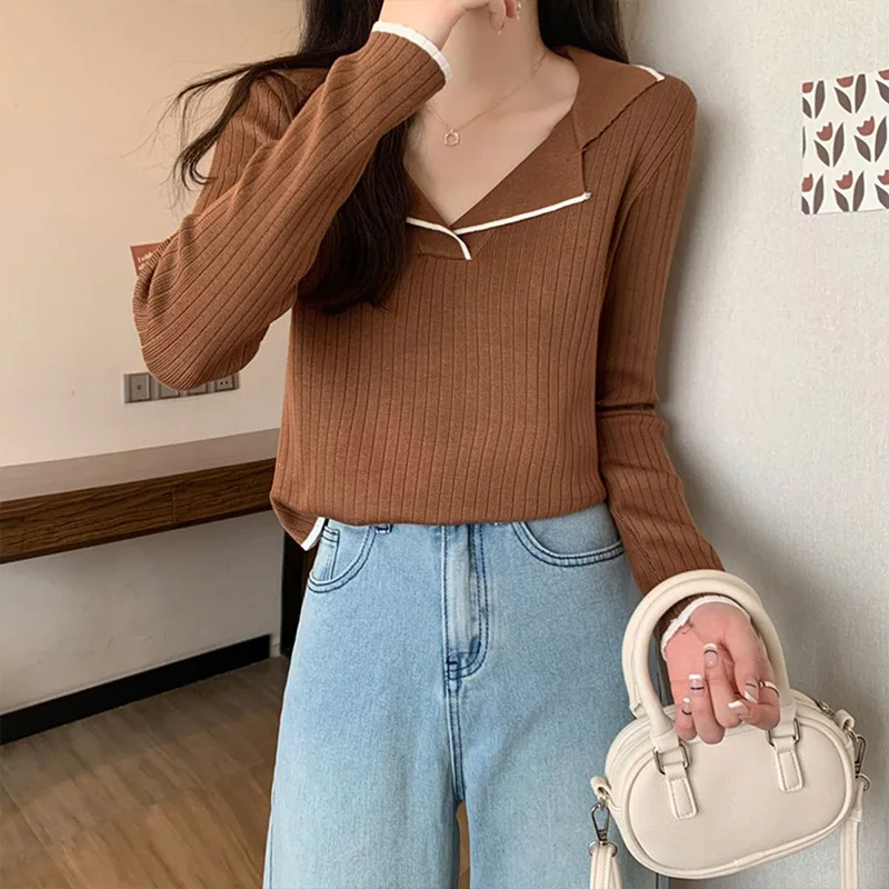 Women Clothing Chic Polo Collar Long Sleeve Knit Pullover Autumn Winter Elegant Loose Solid Tops Office Lady All-match Sweaters