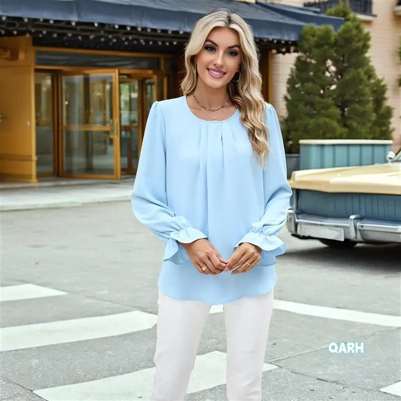 

Women's Puff Long Sleeve Blouse Dressy Casual Crew Neck Chiffon Blouse Loose Fit Pleated Shirt Work Office Tops