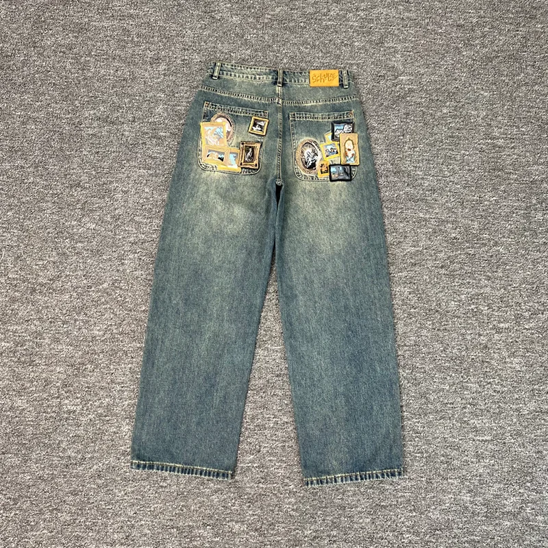 Derschutze Jeans High Street Men Women Washed Retro Embroidered Pattern Printed Straight-leg Denim Trousers Real Photo
