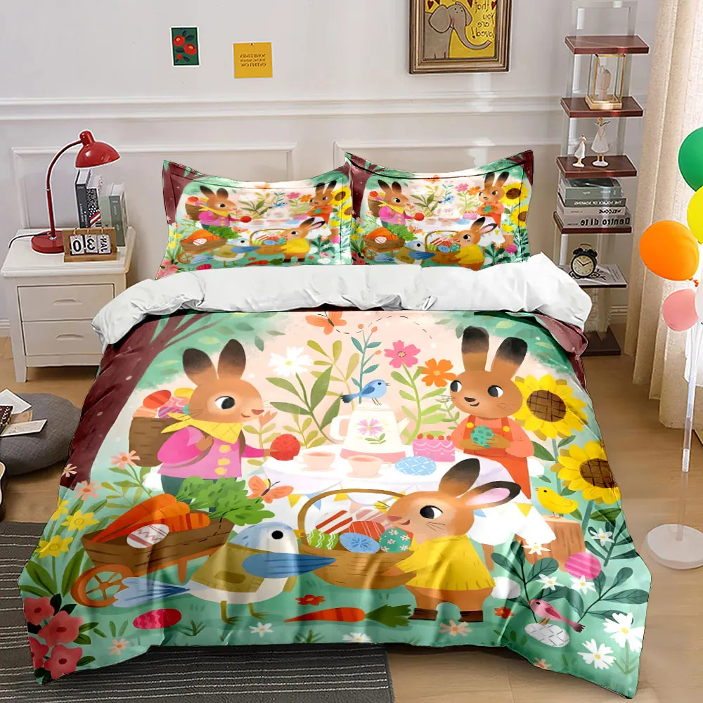 Spring picnic celebration Pattern Duvet Cover Set Digital Print Colorful Polyester Bedding with Zipper Closur for kids gifts