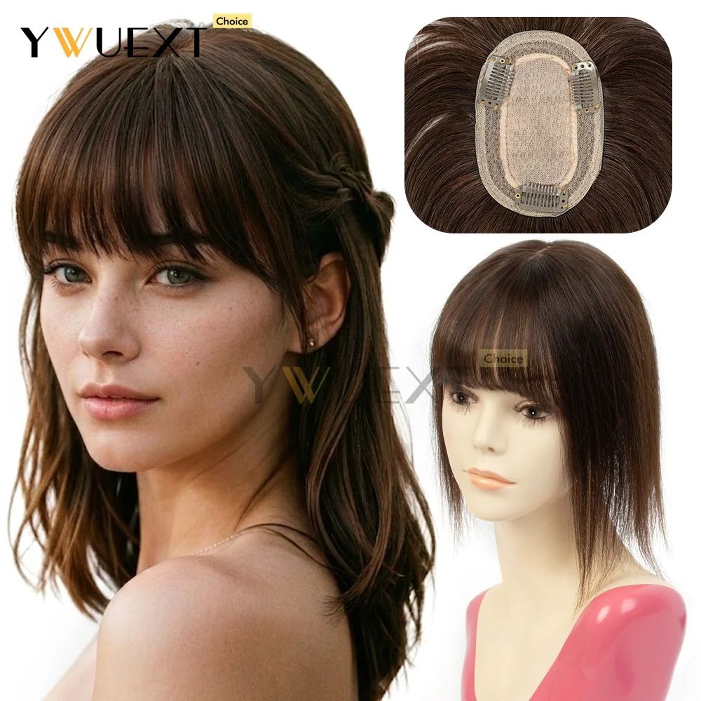 Clips in Human Hair Toppers 8x12cm Base Net Human Hair Coverage French Bangs Hair Natural Scalp Top to Hide Bald or White Hair