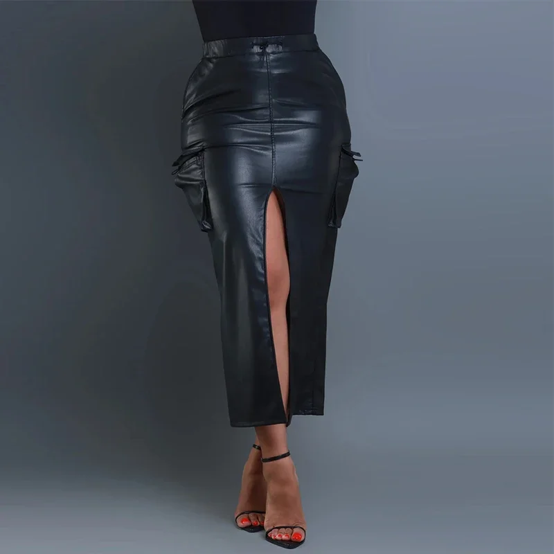 Women Elastic Waistband High Waist Matte PU Pencil Skirts Lady Faux Leather Front High Split Mid Skirt With Pockets Party Custom