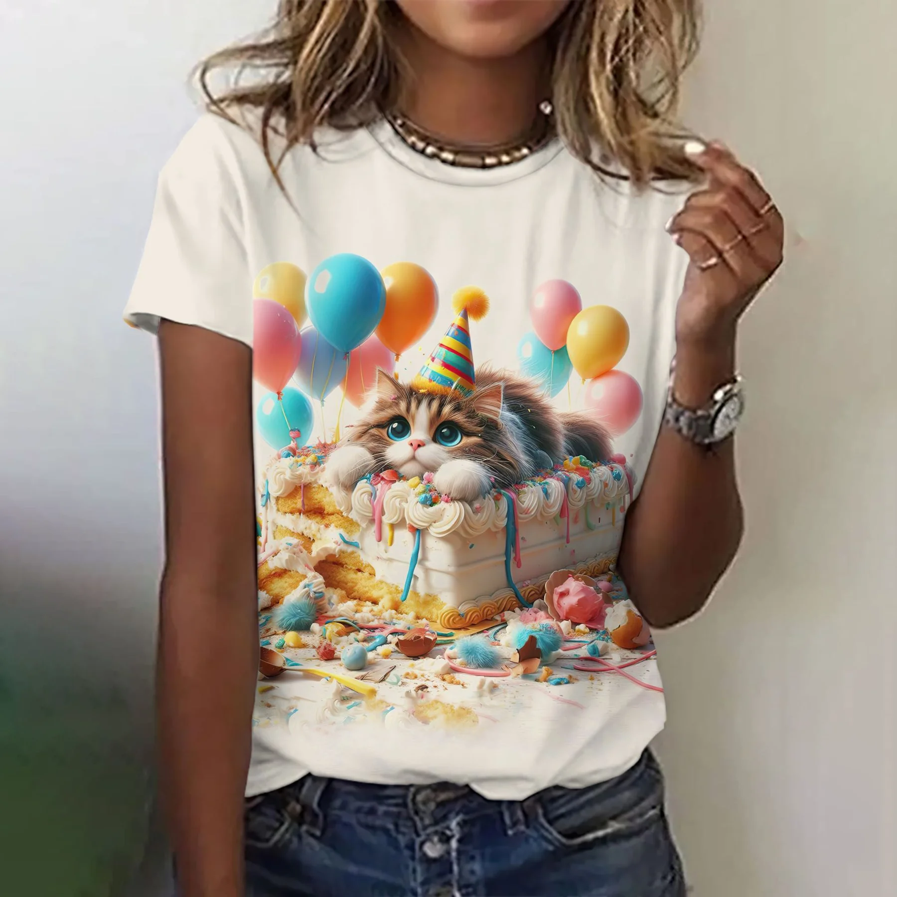 Fashion Cat Print T Shirt For Women Funny Animal Graphic Tees Summer Casual Street Short Sleeve Loose T-Shirts O-Neck Tops 2025