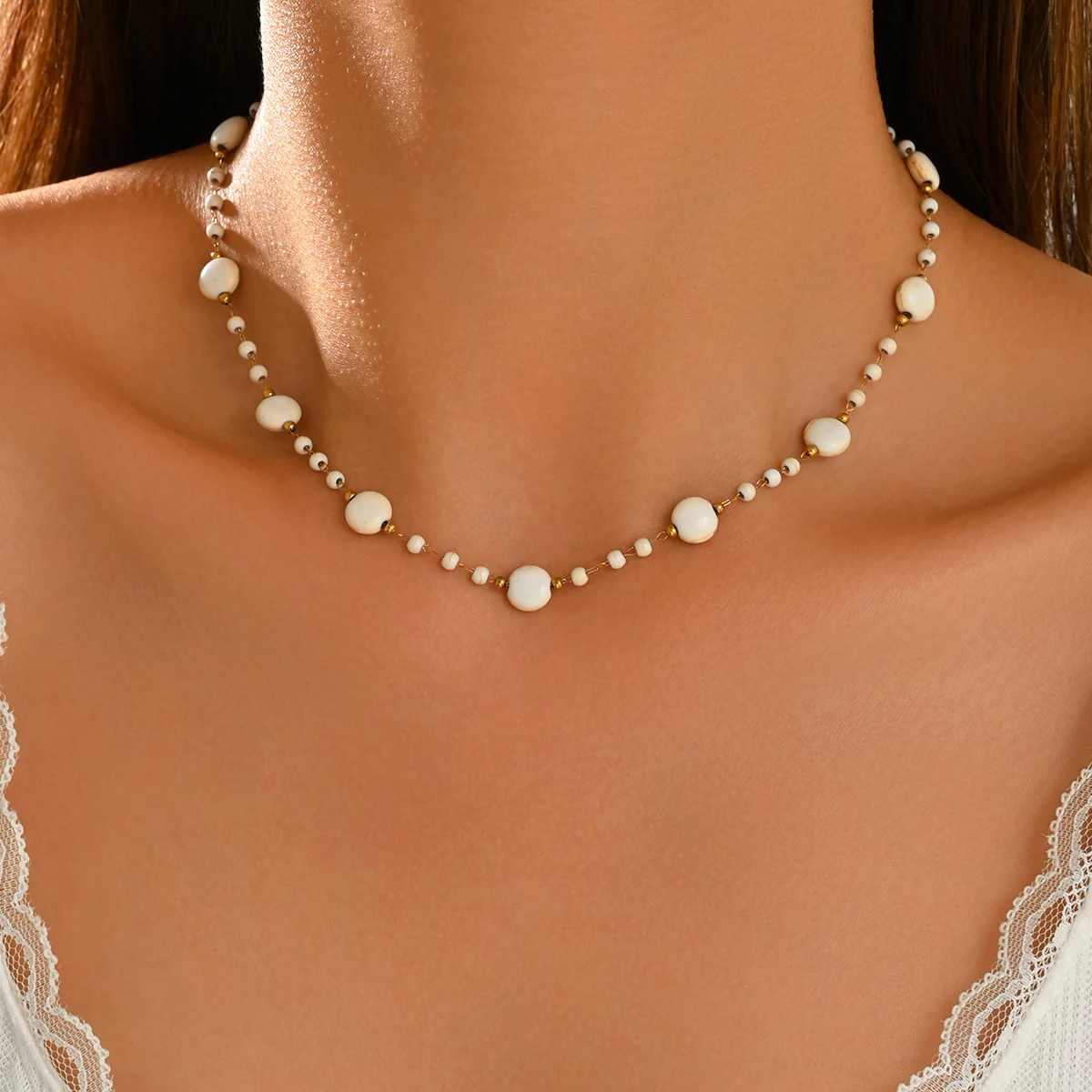 Dainty White Turquoise Beaded Choker Gold‑toned Stainless Steel Chain Adjustable Minimalist Boho Women Daily Neck Jewelry