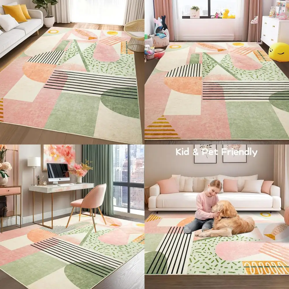 

6x9 Living Room Rug, Washable Indoor Carpet with Non-Slip Abstract Design for Bedroom, Playroom, and Nursery