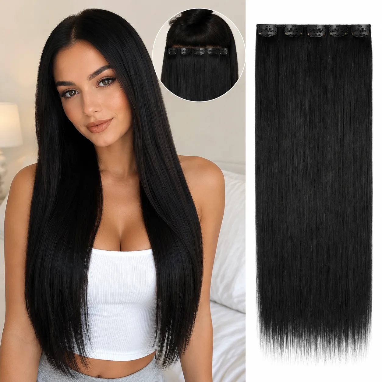5 Clips Clip-In Extension Long Straight Synthetic Hair Piece 25x60cm Natural Black Matte Fiber Women Fashion Beauty Daily Style