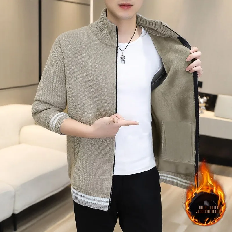 

Korean Sle Fce Lined Zipper Knit Cardigan Thiened High Collar Autumn Winter Youth Men's Sweater Casual Slim Fit Long S...