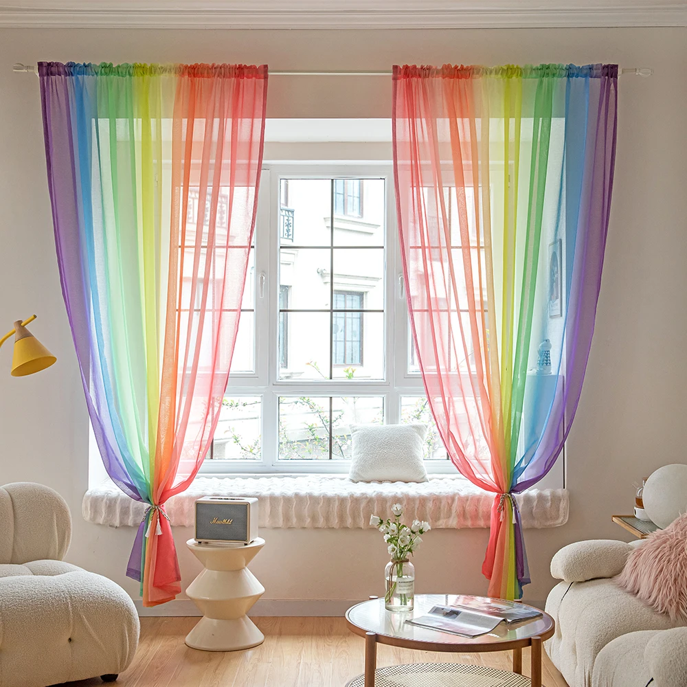 1 Paneele, bunte transparente Vorhänge für Schlafzimmer von Drewin, Regenbogen-Ombre-Halb-Voile-Vorhänge, Farbverlaufsvorhänge, Heimdekoration