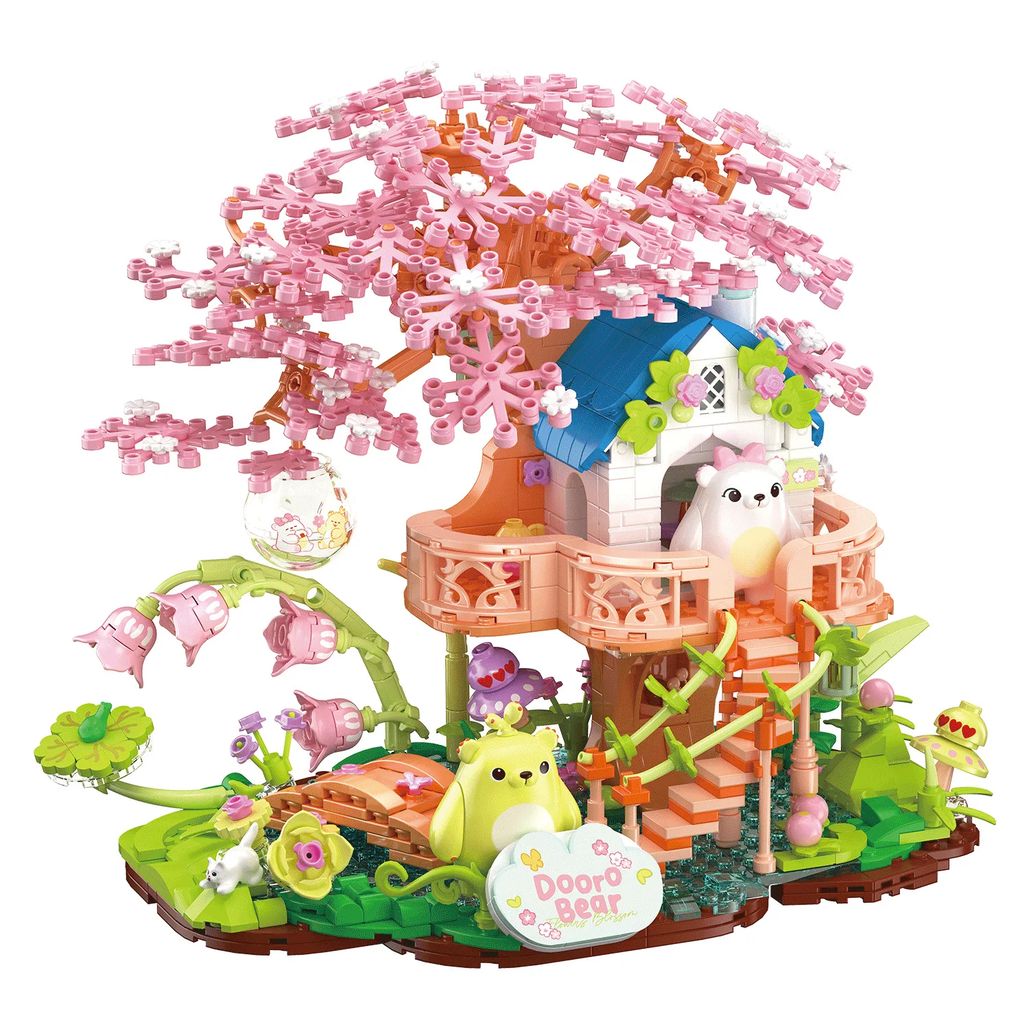 

Creative Architecture Cartoon Bear Treehouse Mini Block Cherry Blossom Tree House Building Brick Construction Toys For Gifts