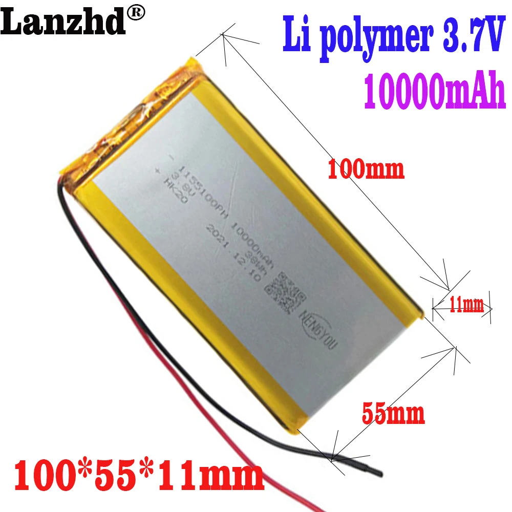 1-10PCS Batteries 3.7V Li-Polymer  10Ah 11*55*100mm Li battery For Tablet  Power Bank Bluetooth Speakers DVD 1155100