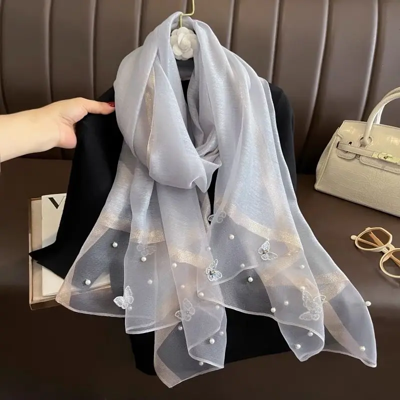 2024 sciarpa di seta donna ricamo primavera ed estate tinta unita sciarpe lunghe Pashmina scialle femminile ricamo Foulard stole L27