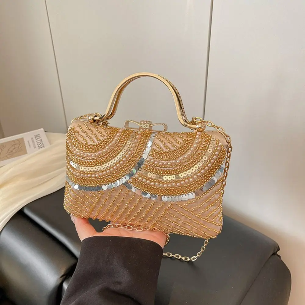 

Retro Metal Top Handle Evening Banquet Bag Shiny Rhinestone Ladies Clutch Bag Glitter Large Capacity Tassel Shoulder Bag Party