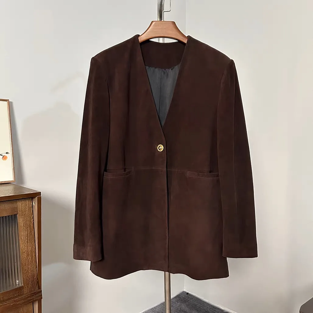 Retro Real Suede Leather Jacket for Women Winter Sense Loose Oversized Leather Suit Blazer Female Casual Coat