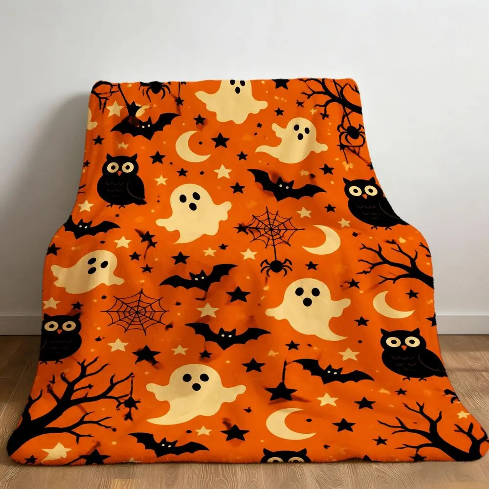 Halloween Orange Fleece Throw Blanket with Whimsical Ghosts Bats Owls and Spooky Patterns Soft Cozy Decorative Bedding for Autumn Home Decor Ideal Gift for Holidays