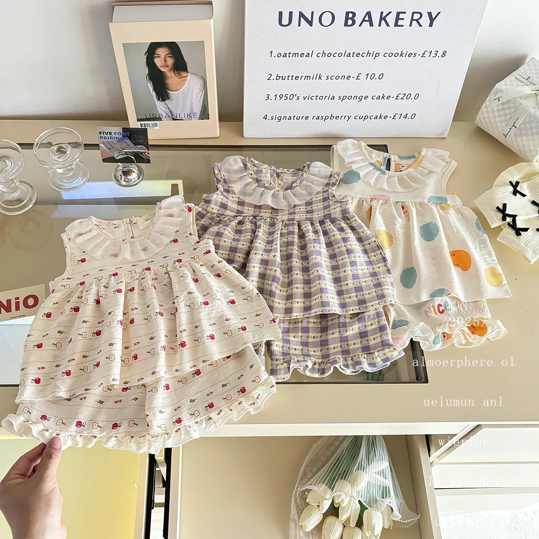 

Cloud-Trim Two-Piece Set - Sleeveless Princess Dress with Floral Print, Summer Thin Outfit for Baby Girls