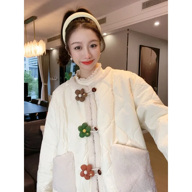 Kawaii Clothing Women Cotton Coat Flower Buttons Autumn Winter Parkas Long Sleeve Jacket Warm Bread Coat Korean Fashion New