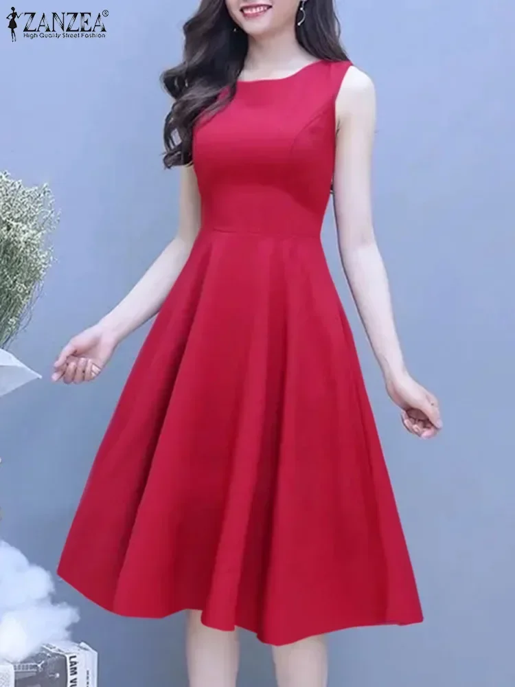 ZANZEA Women Sleeveless Summer Dress 2025 Solid A-line Tank Vestidos Elegant Collect Waist Midi Dresses Vintage Party Robe Femme
